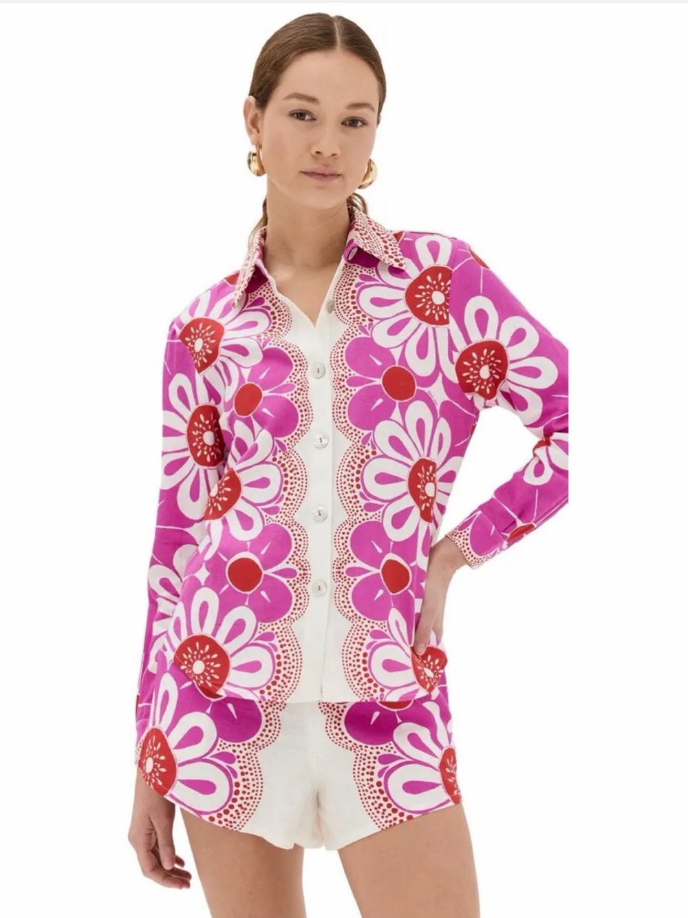 Farm Rio Maia Floral Button Down Long Sleeve Top Pink